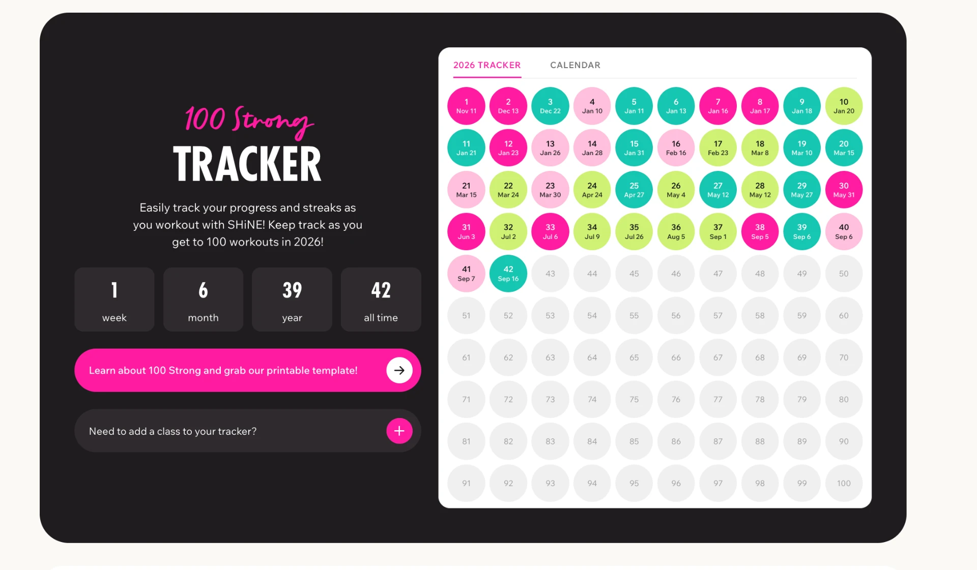 The 100 Strong Tracker showing streak stats and a calendar of colorful workout dots